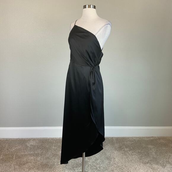 Black Satin One Shoulder Cocktail Dress Size 6 High Low Thigh Slit Shift by AQUA - Picture 4 of 11